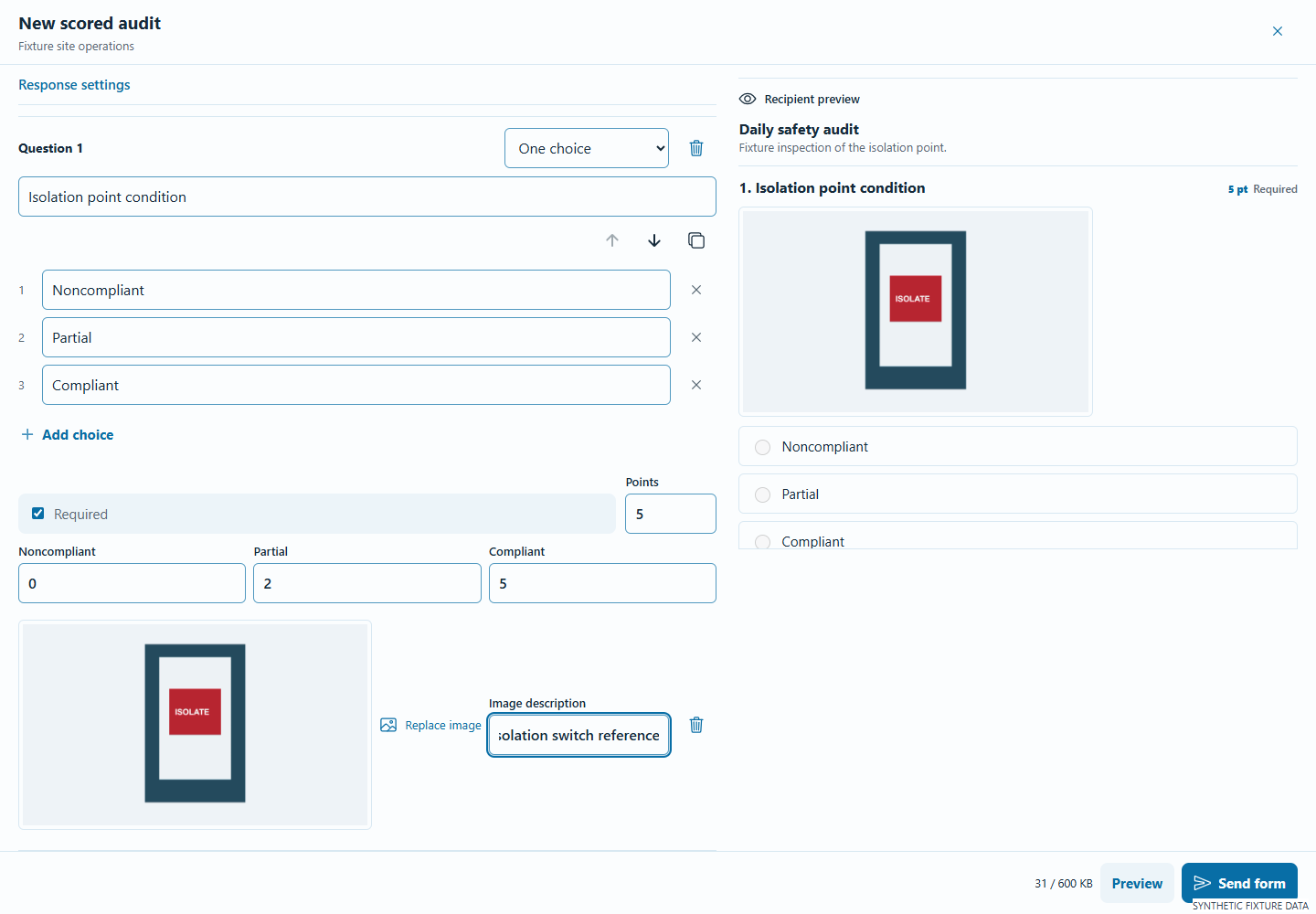 Eagle audit builder with a reference image and answers weighted zero, two and five points