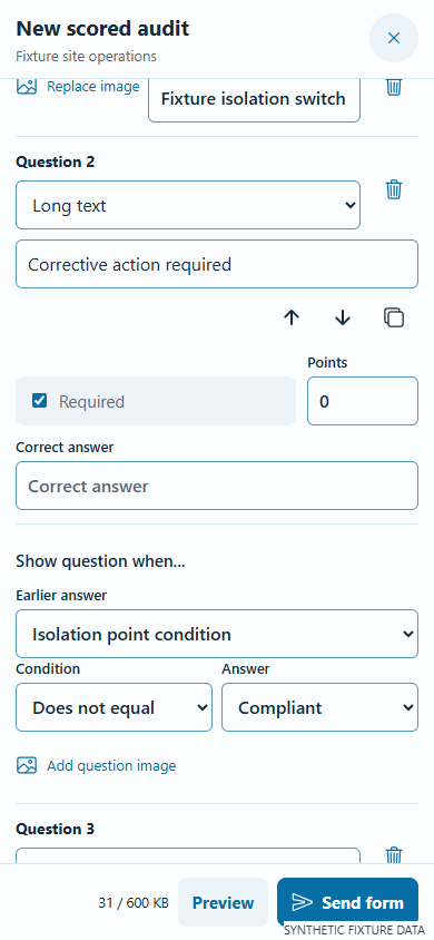 Eagle mobile form editor showing a follow-up question conditional on a previous answer