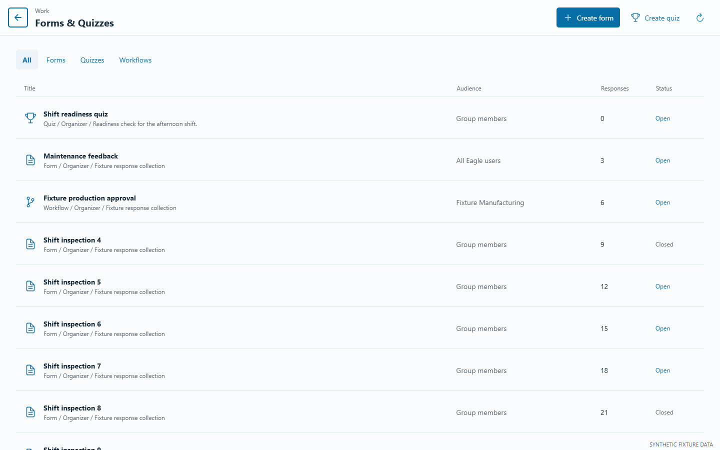 Eagle Work library with synthetic sample forms, quizzes and approval requests