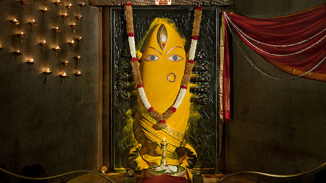 Linga Bhairavi in yellow adornment at the shrine